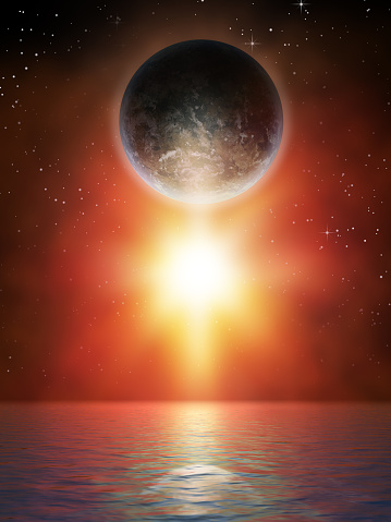 Earth-like planet and star above a water surface. Digital illustration, 3D render.