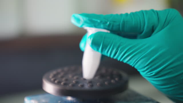 A scientist's hand in a protective glove shakes a white mixing solution in an Eppendorf tube or centrifuge tube by using a small shaking machine.