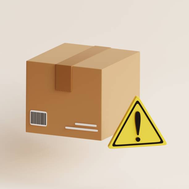 istock Delivery package box with warning sign. Box, package, parcel sign. Minimalism concept. 3d render illustrtion. 1500835476