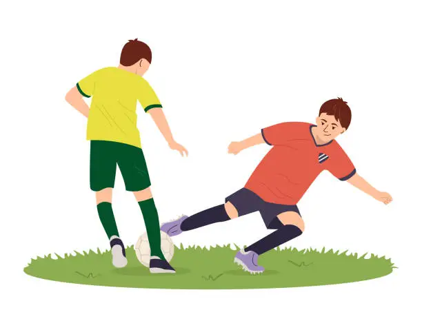 Vector illustration of Teenage football players from different teams kick a soccer ball. Football competition. Children's athletes play football championship Kid sportsmans train dynamically Cartoon vector flat illustration
