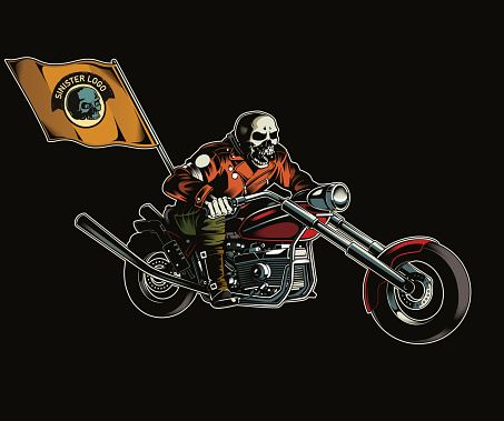 Illustration of angry skull biker speeding motorcycle with flag