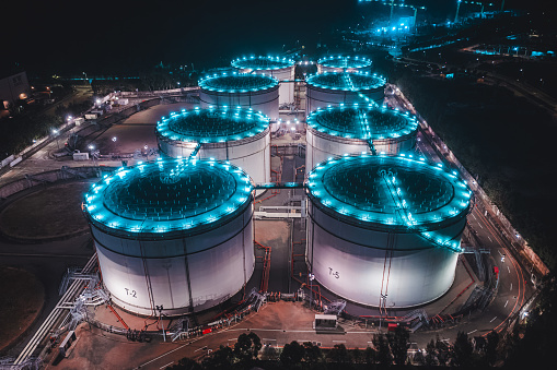 Oil storage spheres tank at night