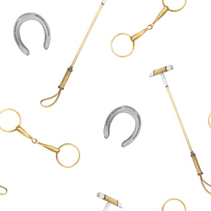 Seamless minimalistic pattern with hand drawn watercolor illustrations of golden and silver metal horseshoes and snaffles, horse polo sticks, isolated. Can be used as a print for clothes. Print on the theme of horses and equestrianism