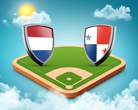 3d Netherlands Versus Panama Shield Icons On Baseball Stadium With Green Grass Field 3d illustration