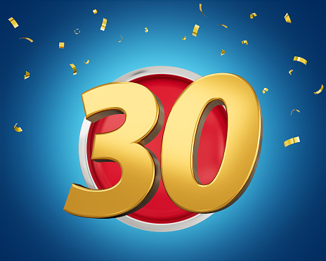 Gold Number 30 Gold Number Thirty On Rounded Red Icon with Particles, 3d illustration