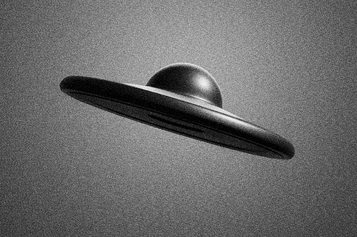 Black and white photo of UFO with noise in grunge style. Illustration of the concept of unexplained unidentified anomalous phenomena