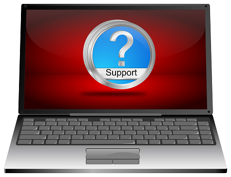 laptop computer with blue support button on red desktop - 3D illustration