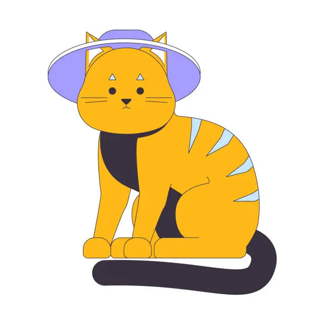 Vector illustration of Cute tabby cat wearing summer hat flat line color vector character