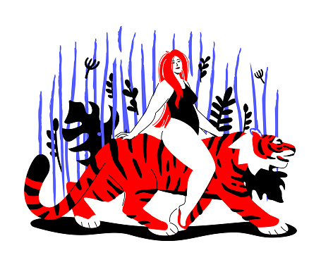 Primal instincts of a woman - colorful flat design style illustration with linear elements. Red and blue colored composition with girl riding a wild tiger. Severe and feral nature and danger idea