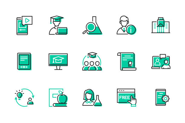 Graduation and University - set of line design style icons Graduation and University - set of line design style icons isolated on white background. High quality images of student in a hat, test tube, professor, diploma, gadgets, new technologies and knowledge pics for graduation free stock illustrations