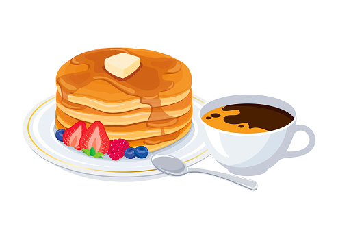 Black coffee in a white cup and sweet pancakes on a plate icon vector isolated on a white background. Sweet breakfast still life drawing