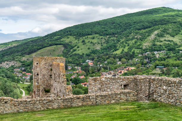 June 21, 2023: Devin, Slovakia - The Hrad Devin in the small Slovakian town of Devin. The photo was taken during a hot summer day and shows the ruins of the castle along with the area around the Danube River which it guards.