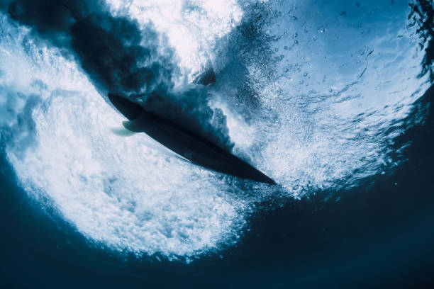 istock Surfer on surfboard in ocean underwater view. Crashing wave and surfboard 1500853272