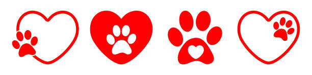 하트 아이콘 세트가 있는 동물 사랑 기호 발자국, 애완 동물 발자국이 있는 사랑의 세트 - heart shape animal heart love symbol stock illustrations
