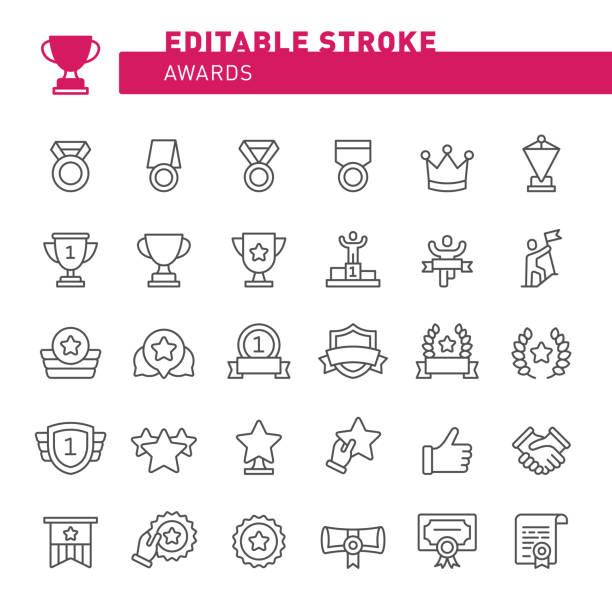 Awards Icons Award, trophy, icon, icon set, competition, achievement, success, medal, winner`s podium, rating, thumbs up, laurel wreath trophy stock illustrations