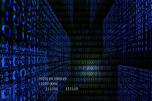 Binary code background. Concept of big data and artificial intelligence. 3D render illustration.