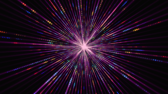 Technology idea backdrop, colorful light streaks and geometric symbol, 3D illustration. With particles, a magic exploding star