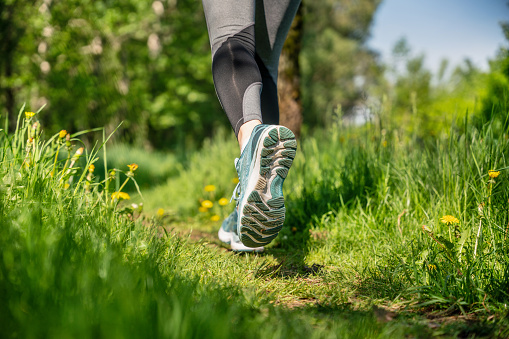 Jogging at the public park in the morning. Close-up of female legs wearing jogging pants and sneakers