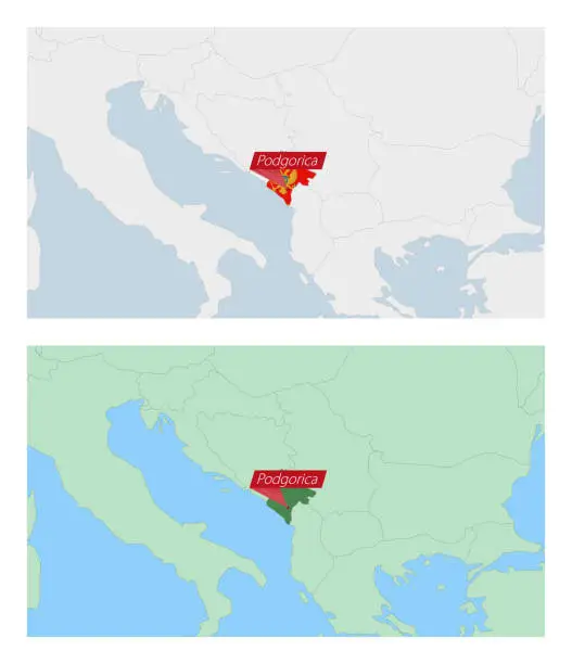 Vector illustration of Montenegro map with pin of country capital. Two types of Montenegro map with neighboring countries.