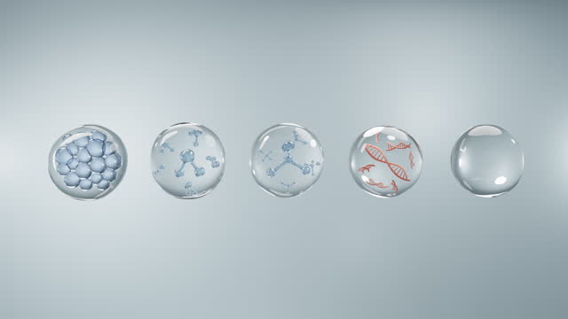 Animation Molecule and DNA inside bubble on blue background.
