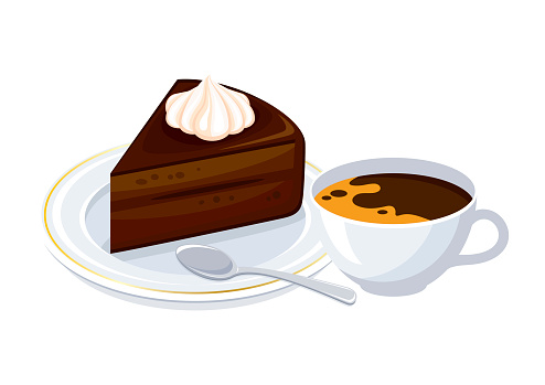 Black coffee in a white cup and piece of chocolate cake with whipped cream icon vector isolated on a white background. Slice of chocolate cake on a plate drawing