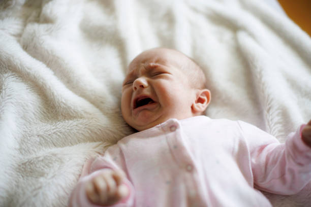 Newborn hungry baby girl crying stock photo