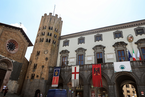 Cityscape with view on Castle in Arco town center near Garda lake of Trentino of Italy. Street of Old city and Castello di Arco in Trento near Riva del Garda. Building architecture. Travel and tourism