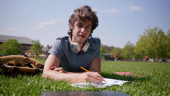 Portrait of male student having online lesson lying on grass in park. Young man writing notes study online relaxing on green lawn in summer park