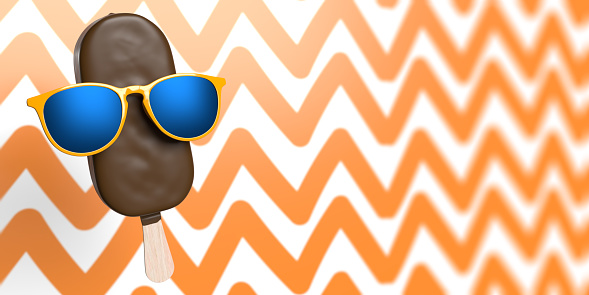 Summer background concept: Colorful model sunglasses over ice cream on 3D illustration pattern surface with copy space. Realistic design for travel, vacation, holiday or product presentation or invitation, greeting card.