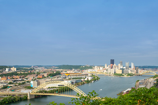 The distant view of downtown Pittsburgh Pennsylvania from the West End Overlook.