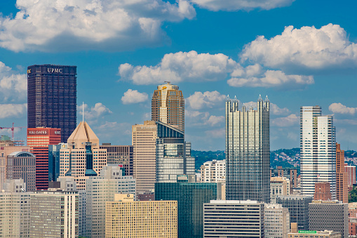 A close up of the buildings of downtown Pittsburgh, Pennsylvania.