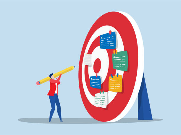 biznesmen planujący za pomocą karteczek samoprzylepnych skategoryzowanych ołówkiem praca nad zarządzaniem projektami i sortowanie ważnych lub pilnych zadań przegląd postępu projektu na tablicy kanban do wektora celu - aspiracje stock illustrations