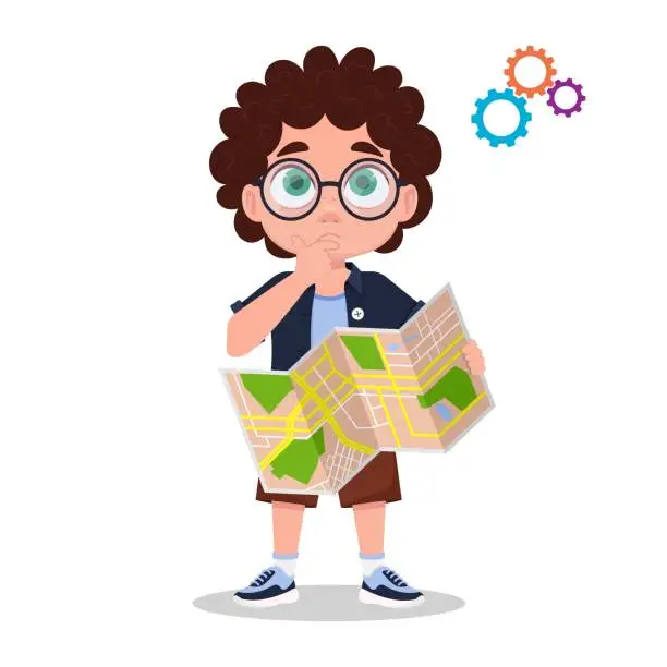 Vector illustration of Cute boy holding a map. Vector illustration