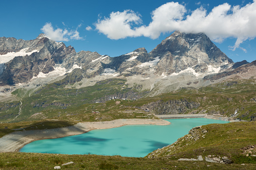 The Matterhorn Mount and the lake Lago del Goillet in Breuil-Cervinia, Italy