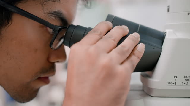 A male scientist adjusts the focus of her eyes on an optical microscope so that she can examine minute details.