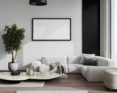 picture blank frame mock up in home living room interior with white sofa and coffee table with decor, 3d rendering