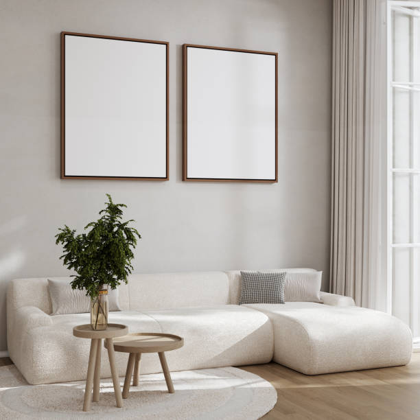 istock Modern living room interior with sofa, coffee table, plant and two poster frames mockup, 3d rendering 1500880374