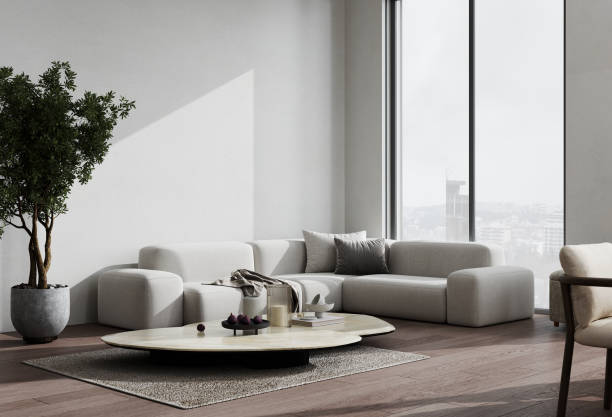 istock Stylish living room interior with gray sofa mock up, modern interior background, empty gray wall mockup, 3d illustration 1500880423