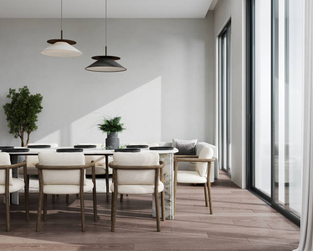 istock Minimal modern home with living room and dining room design, wall mockup on bright interior background, 3d render 1500880430