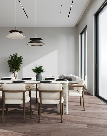 Interior design of modern dining room with wooden furniture and white marble table, 3d rendering