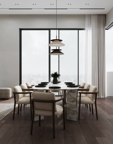 istock Dining area with marble table and beige chair near panoramic window, 3d rendering 1500880507