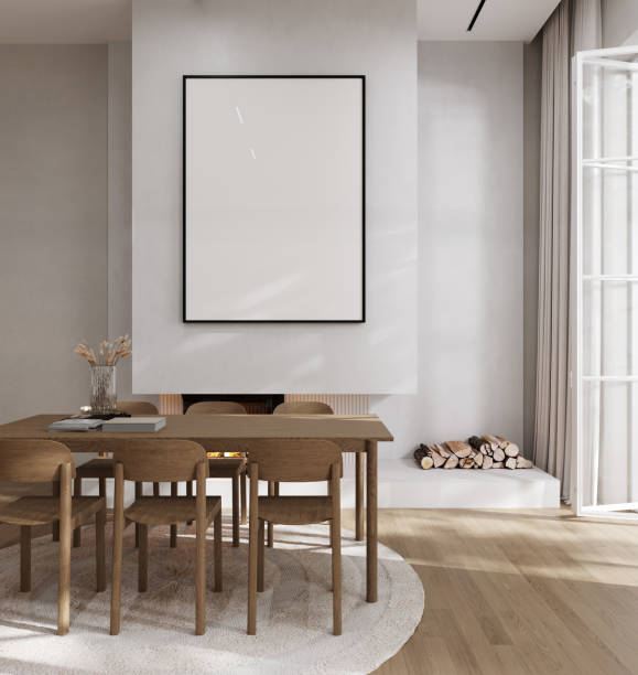 istock Poster frame mockup in stylish beige living room interior, 3d rendering 1500880563