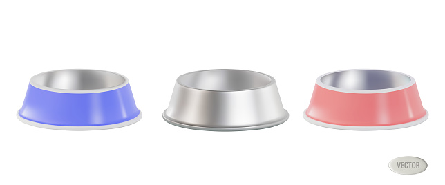 a set of renders of empty, multi-colored, metal bowls for cat and dog food and pets. Vector 3d illustration isolated on white background