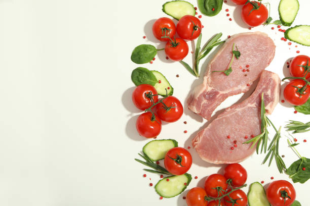 istock Raw meat, vegetables and spices on white background 1500883924
