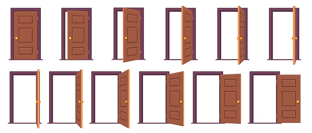 Open door sequence. Cartoon steps for animation of entrance and exit through door, white frames for sprite game asset. Vector isolated set of doorway entrance, entry open animation