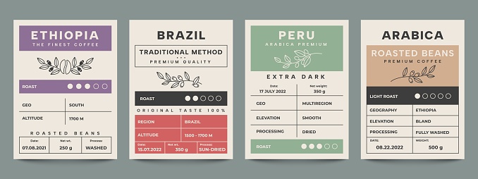 Coffee packaging banner. Vintage minimal label with arabica coffee sticker and brand name stamp, coffee rostery. Vector package design set of coffee label packaging, arabica roasted illustration