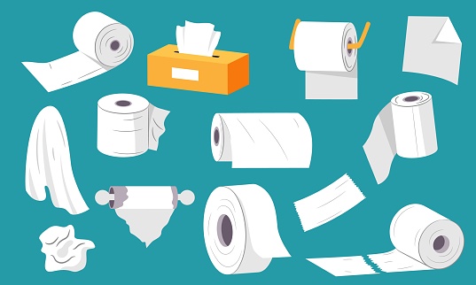 Paper towel set. White paper napkin roll for bathroom, toilet paper sheet style, hygiene tissue and clean napkin roll holder. Vector isolated collection of bathroom towel and paper roll illustration