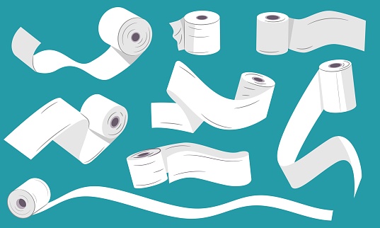 Unwound toilet paper. Tissue roll with ribbons, unrolled hand towel and paper napkin, flying bathroom paper napkin hygiene concept. Vector set of bathroom hygiene, sanitary soft illustration
