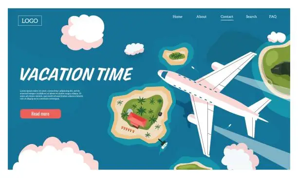 Vector illustration of 2305.m10.i019.n024.F.c07.400251349 Aerial view travel landing. Cartoon plane and aircraft flying above sea, ocean and beach, tourist flight vector concept