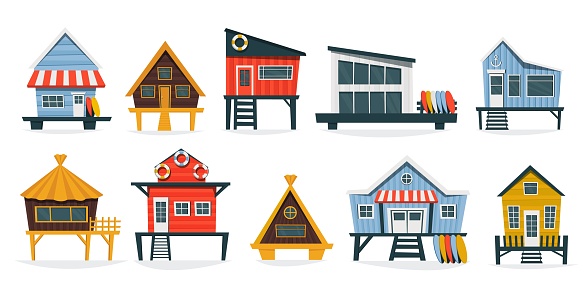 Beach huts collection. Cartoon summer vacation bungalow with roof and veranda, cottage house facade with doors and windows. Vector isolated set of hut near ocean, building tropical illustration